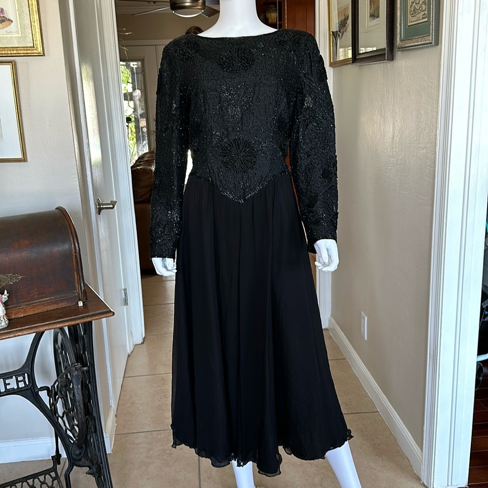 Nipon Nights Black Beated Silk Dress Pristine Condition Size 12